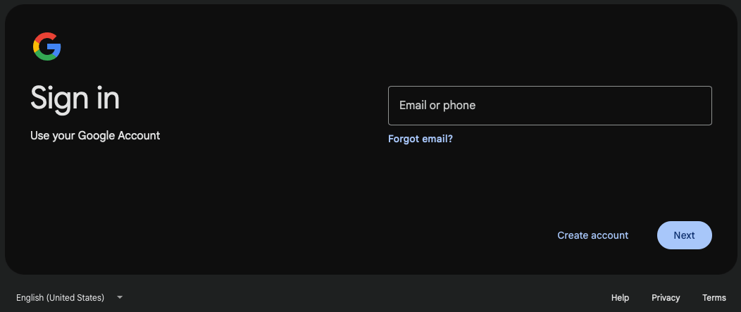 Google sign in page