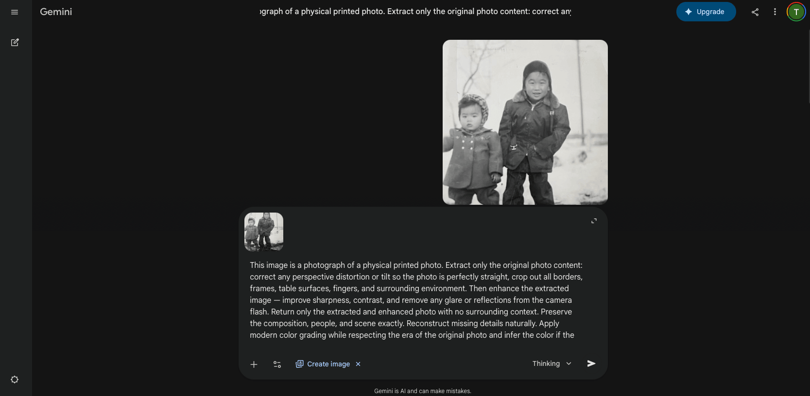 Gemini chat showing the uploaded photo and prompt
