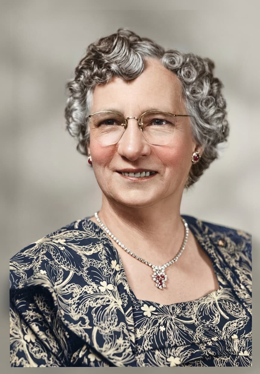 Same portrait restored and colorized with AI — sharp detail and natural skin tone.