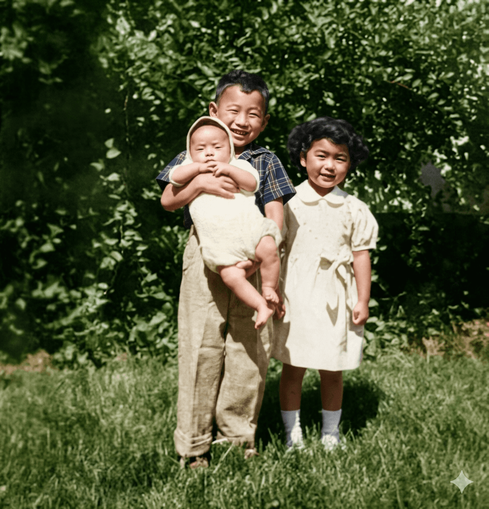 Same sibling group portrait after AI restoration — faces sharpened and color recovered.