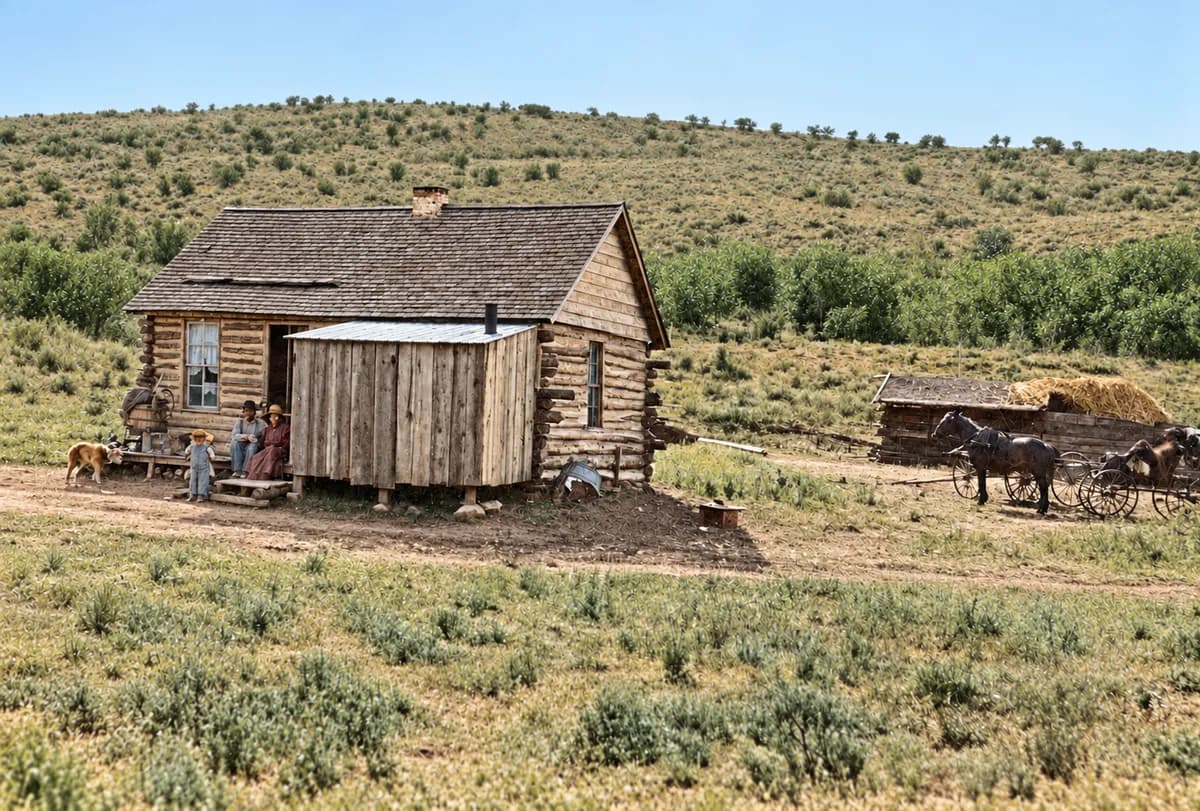 After: faded black-and-white photo of a log cabin and horse-drawn wagon on open hills