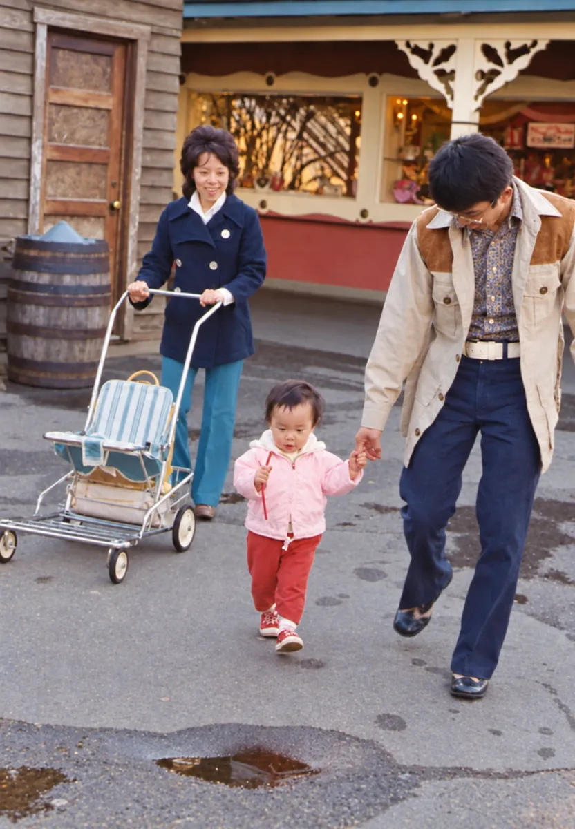 After: faded snapshot of a family walking with a toddler and stroller at Disneyland