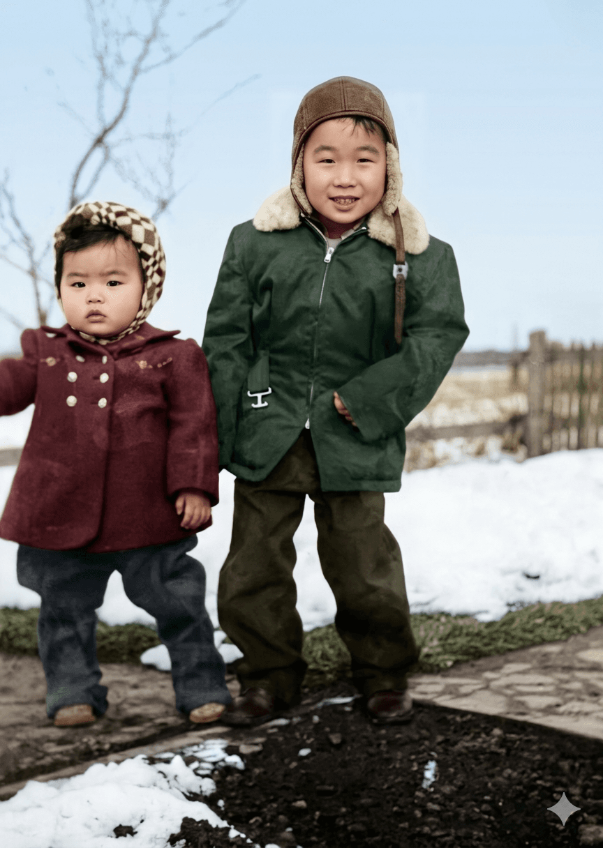 After: two young children in winter coats, 1940s black-and-white snapshot